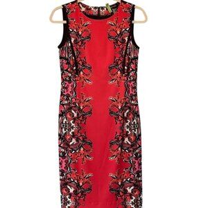 Etcetera Sleeveless Knee-Length Sheath Dress With Ornate Red & Black Floral Prin
